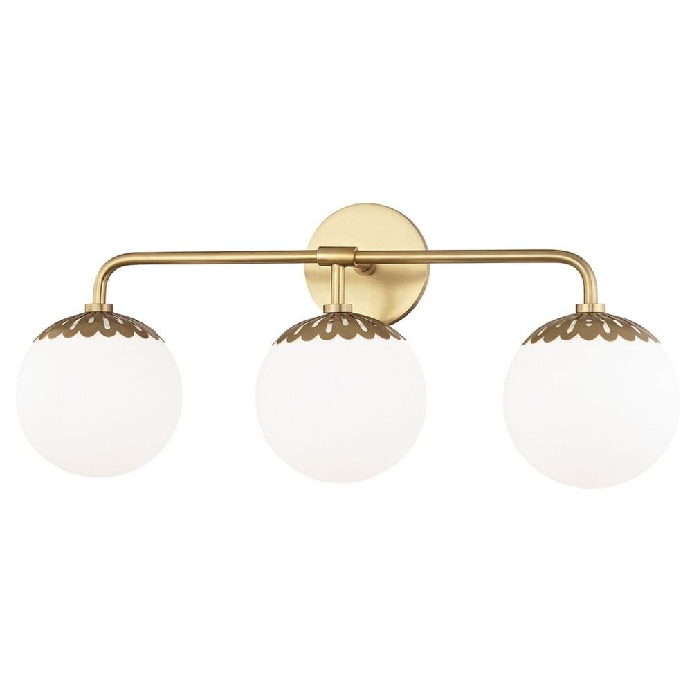 Elegant Aged Brass 3-Light Bath Bracket with White Glass Shades