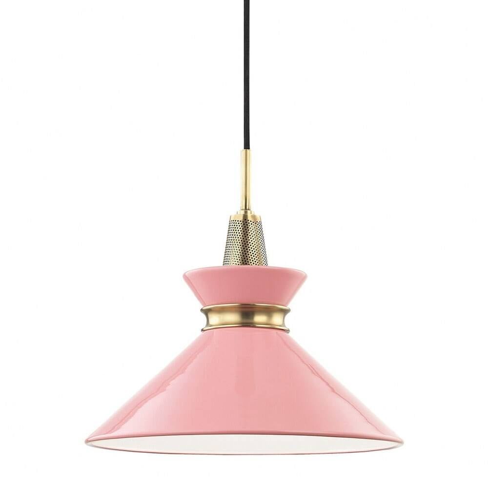 Aged Brass & Pink Metal Shade Adjustable Pendant Light