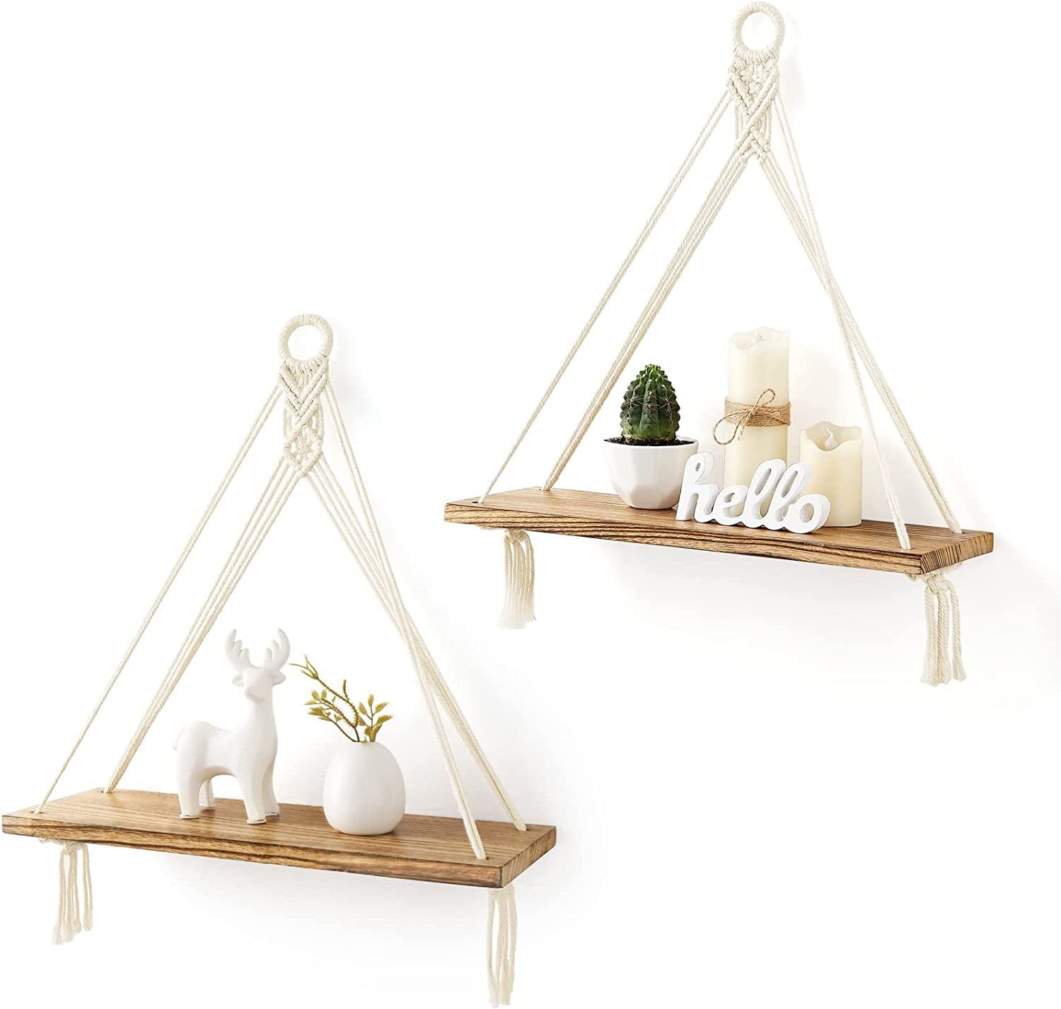 White Macrame Hanging Shelves with Rustic Wood Floating Storage