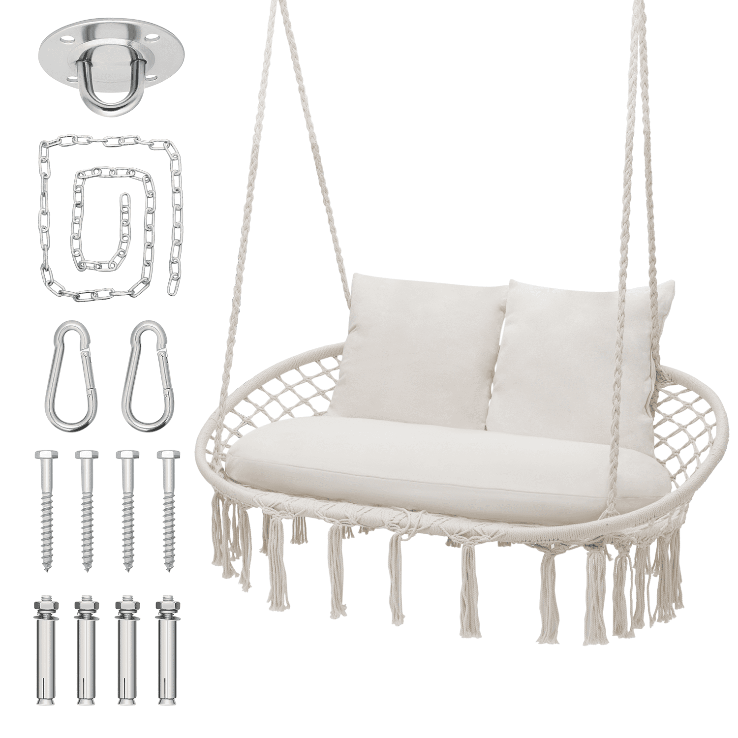 Beige Double Hanging Macrame Chair with Cushions and Tassels