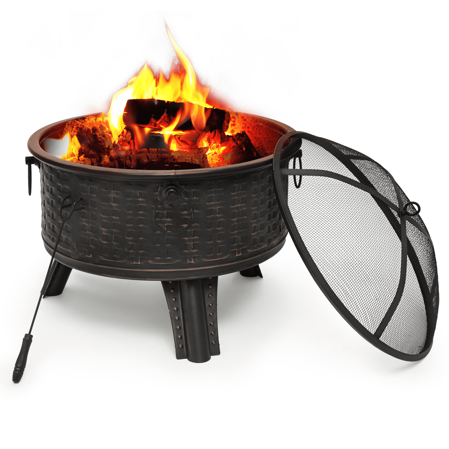 26" Black Cast Iron Outdoor Fire Pit with Mesh Screen and Poker