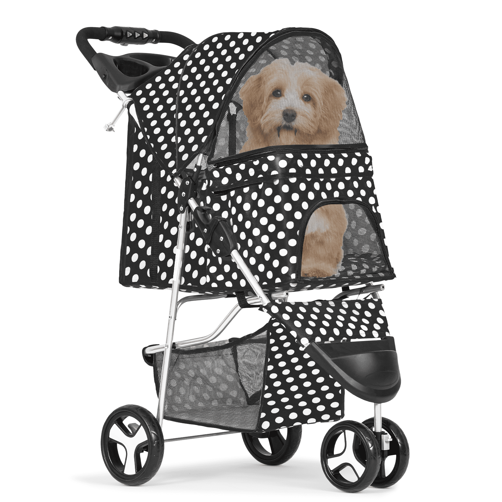 Black and White Polka Dot Foldable Dog Stroller with Storage