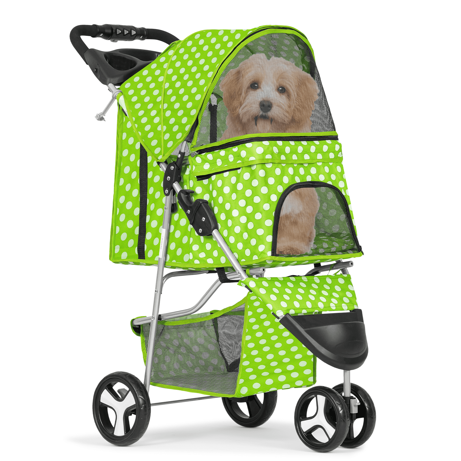 Lawn Green Polka Dot Foldable Pet Stroller with Storage