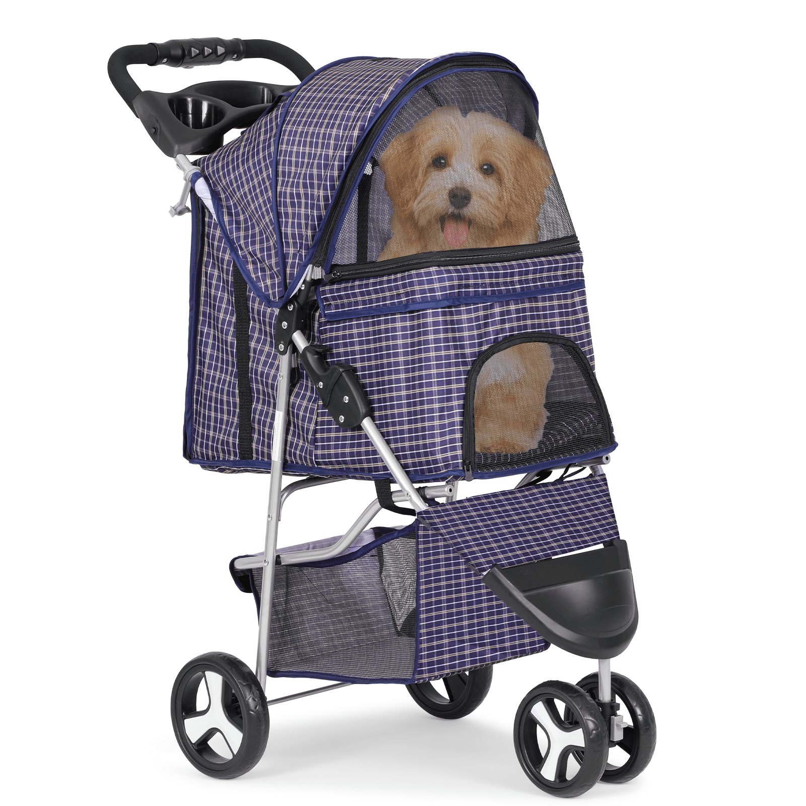 Plaid Foldable Dog Stroller with Storage and Cup Holder