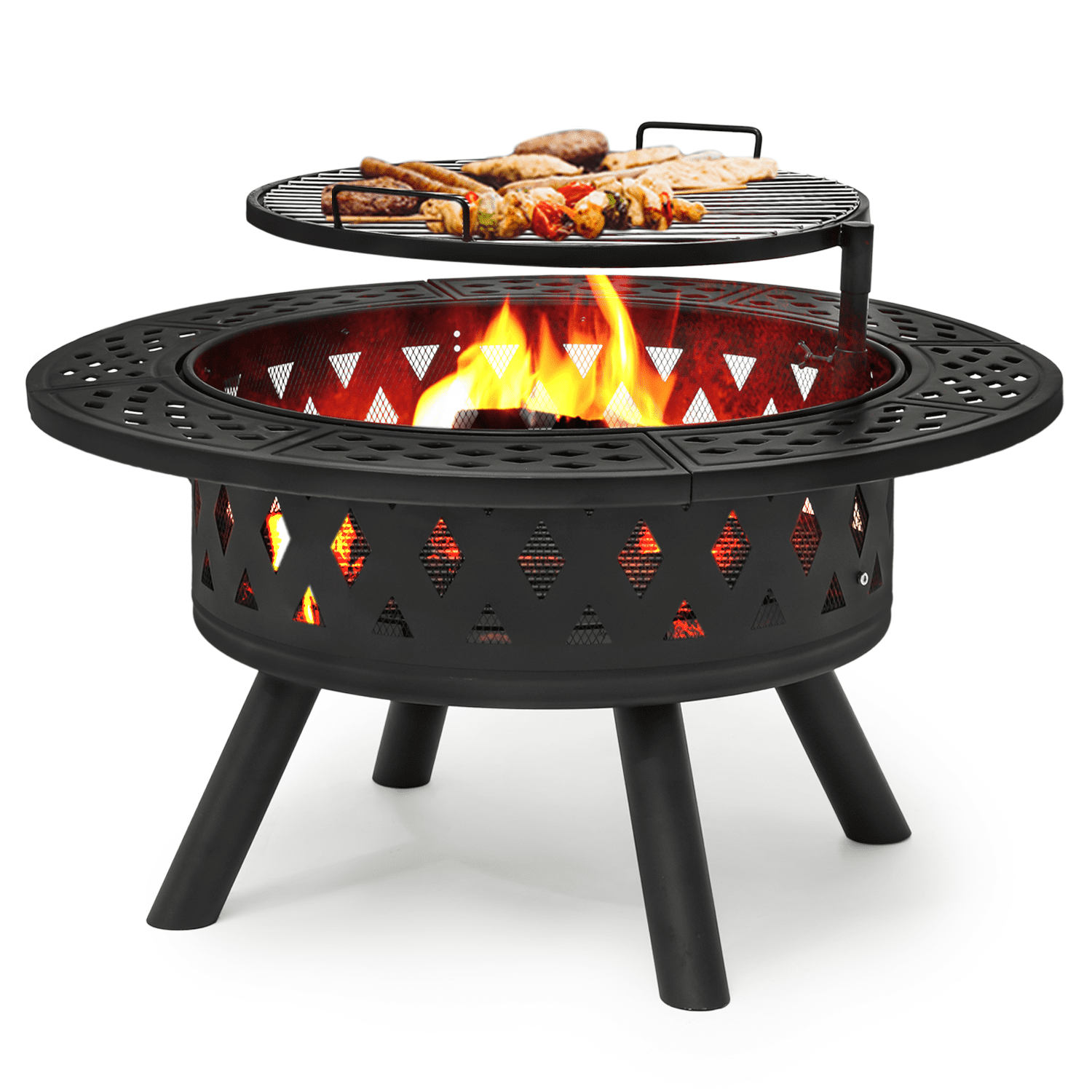 38" Black Cast Iron Wood Burning Fire Pit with Cooking Grate