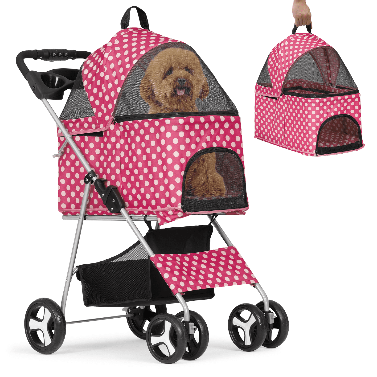 Hot Pink Polka Dot Foldable Dog Stroller with Steel Frame