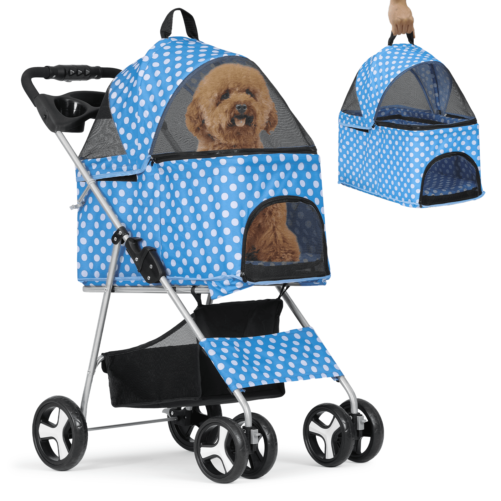 Sky Blue Polka Dot 3-in-1 Foldable Dog Stroller with Steel Frame