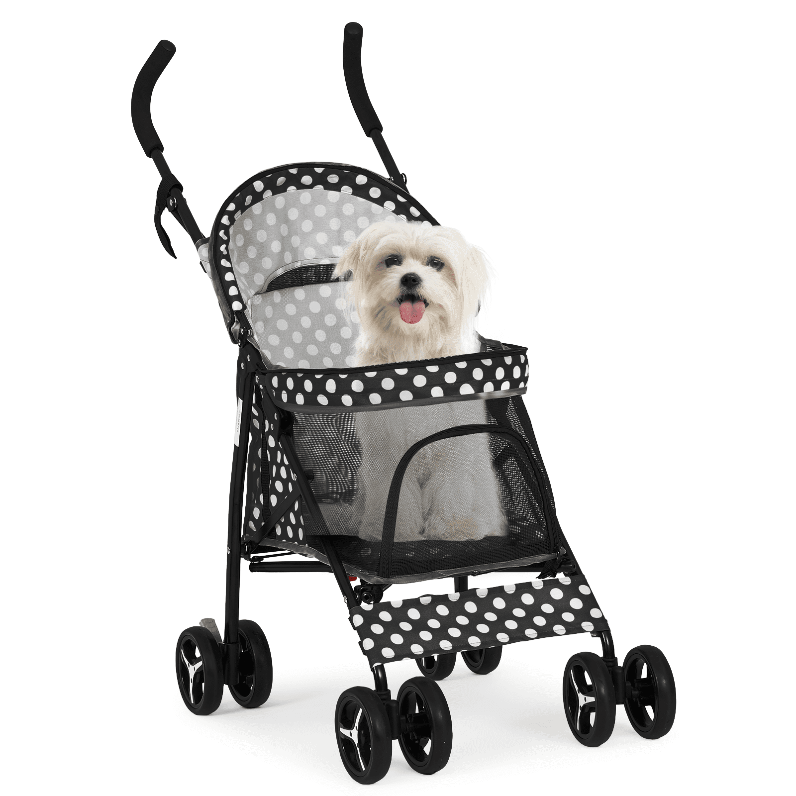 Black and White Polka Dot Foldable Pet Stroller with Mesh Windows