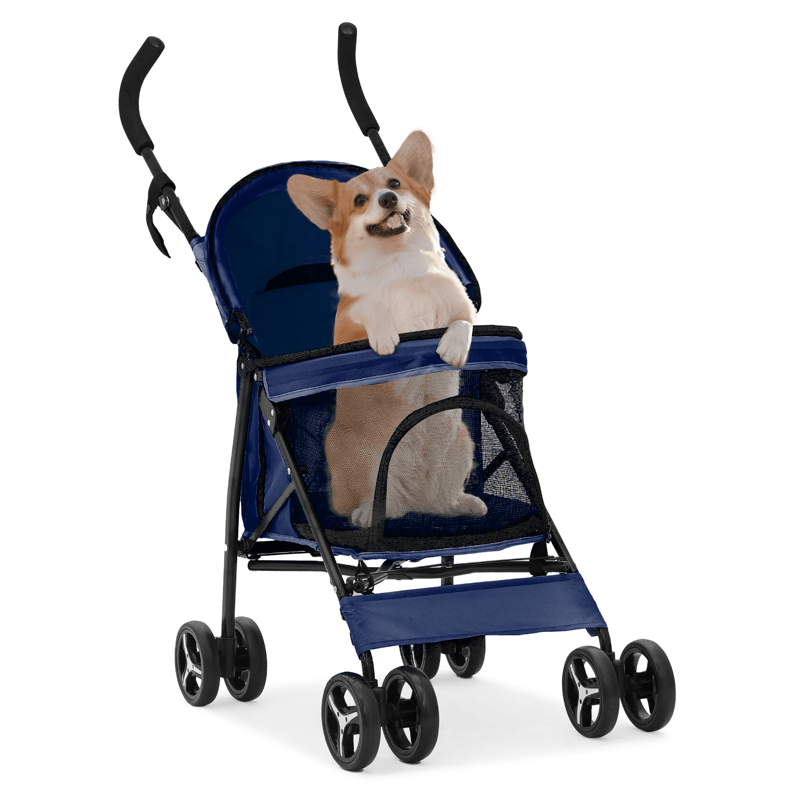 Navy Blue Foldable Steel Frame Pet Stroller with Rubber Wheels