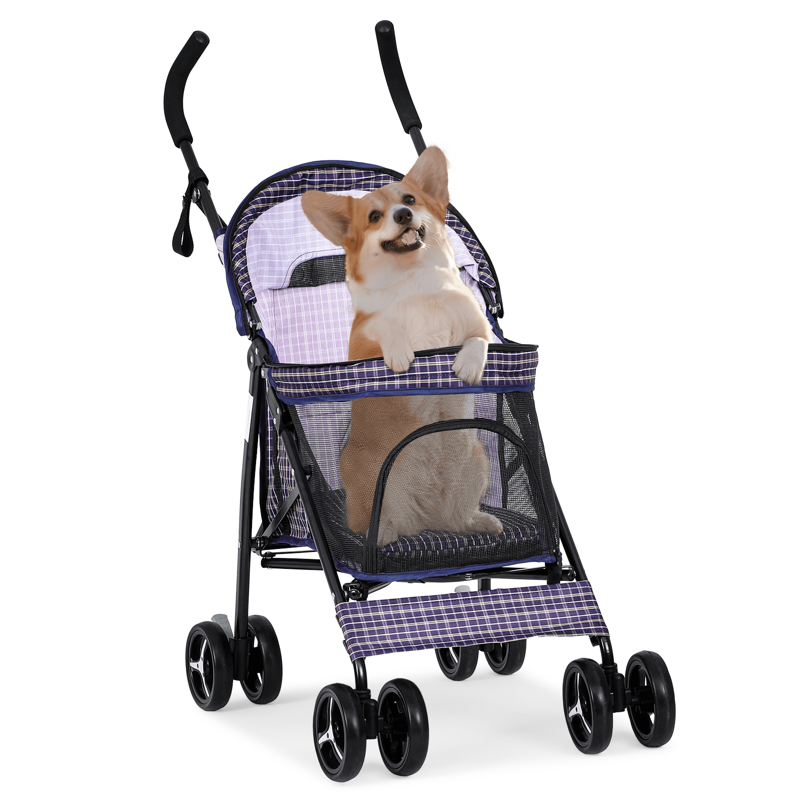 Plaid Steel Frame Foldable Pet Stroller with Rubber Wheels