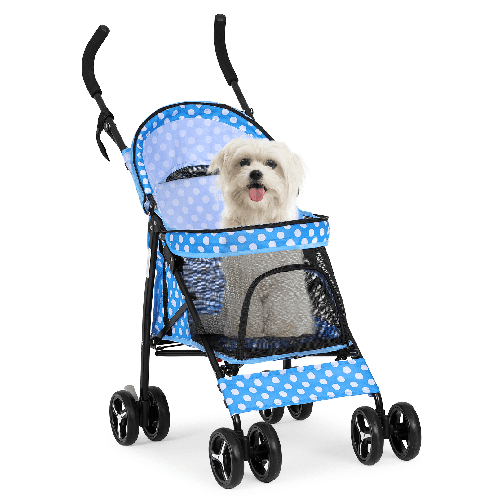 Sky Blue Polka Dot Foldable Pet Stroller with Mesh Windows