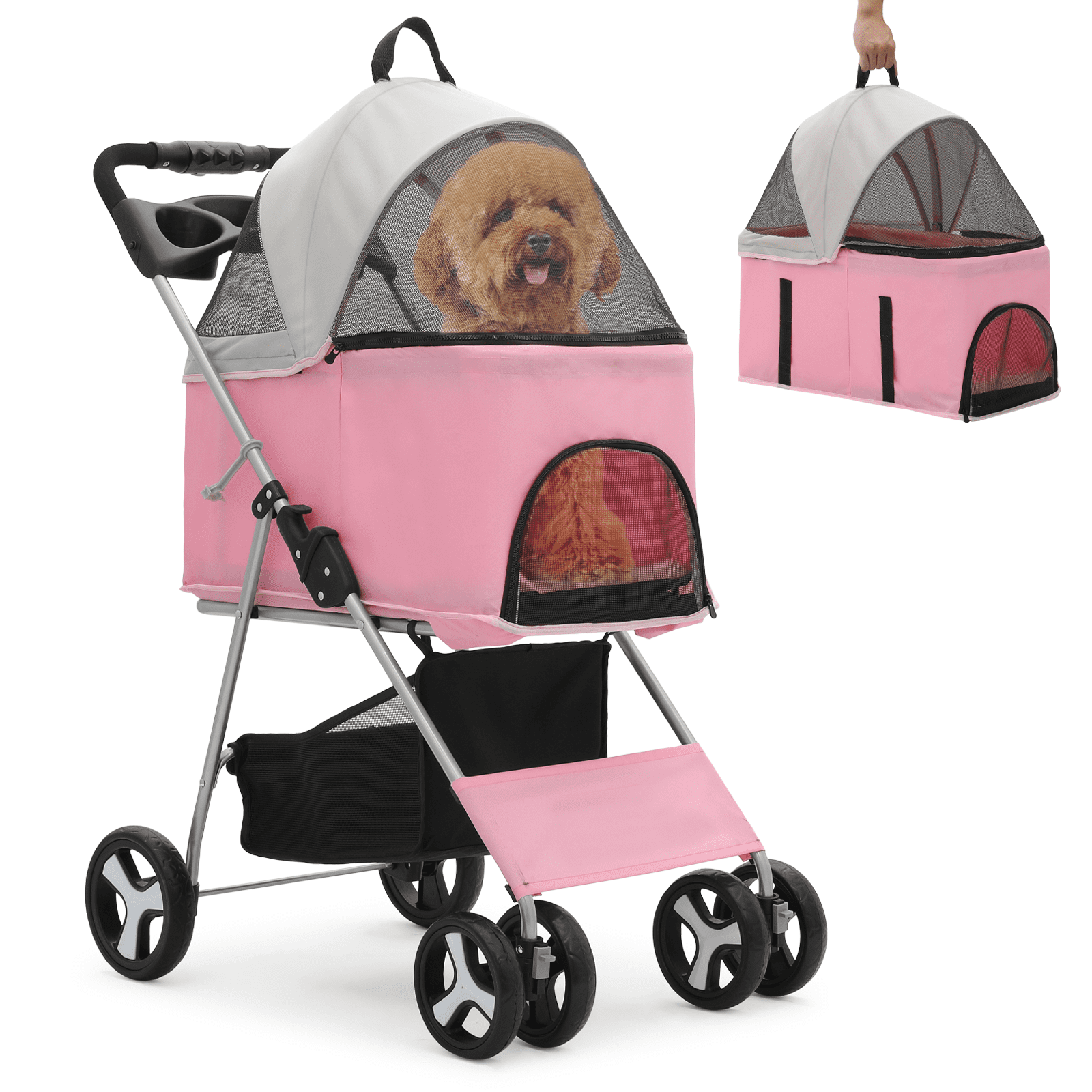 MoNiBloom 4 Wheel Lightweight Foldable Dog Pet Stroller, Pink