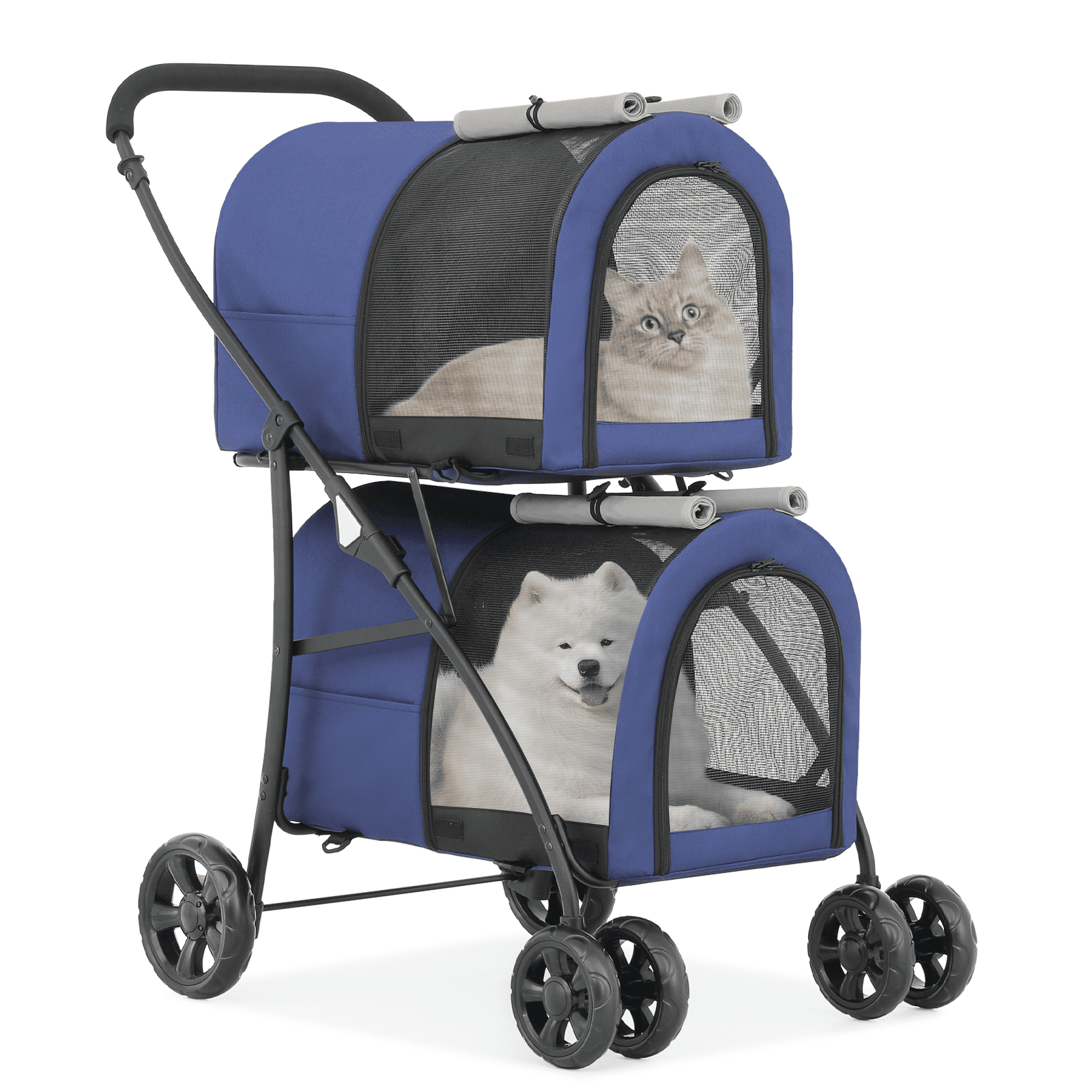 Navy Blue Double Pet Stroller with Detachable Carriers