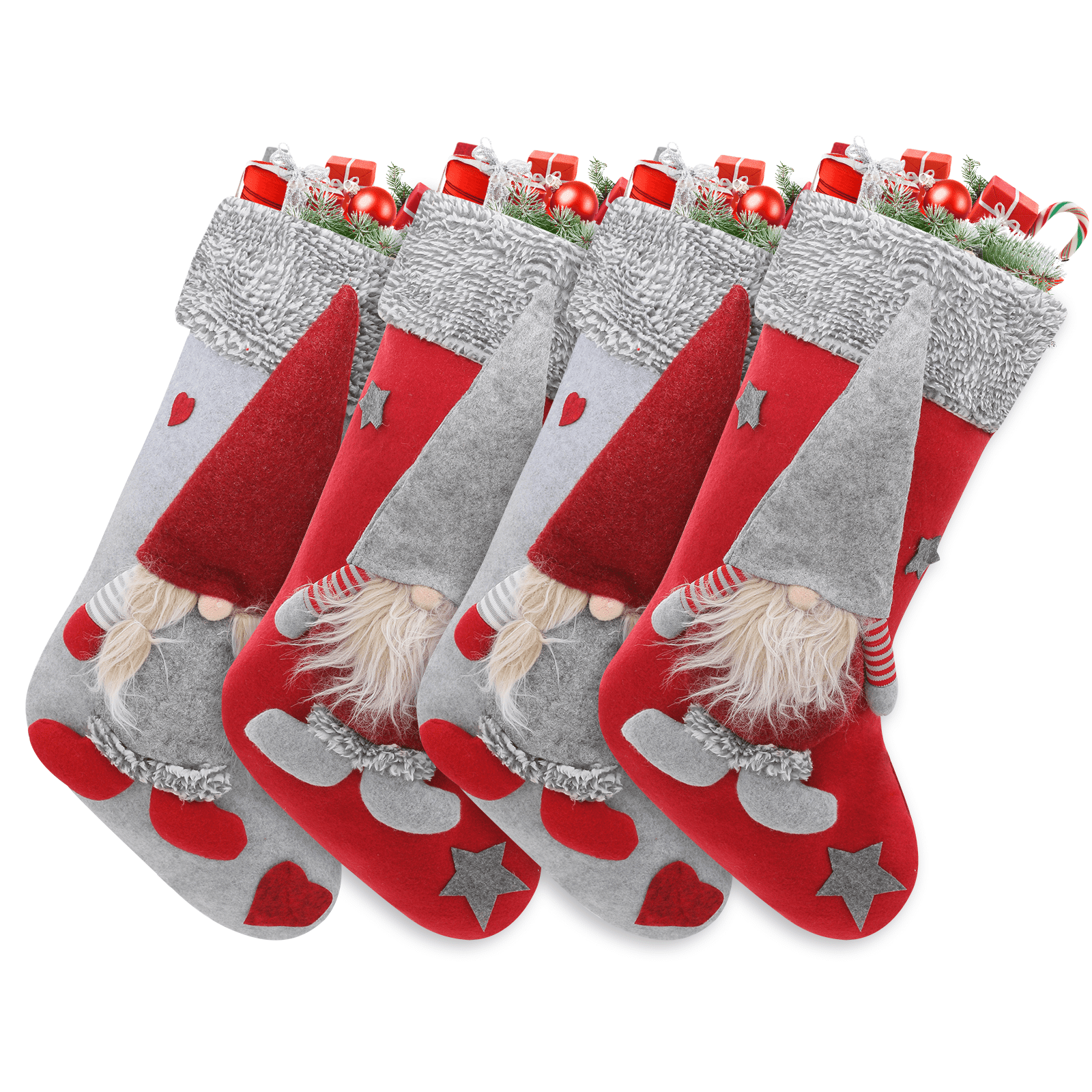 MoNiBloom 4-Pack Red and Gray 3D Santa Christmas Stockings