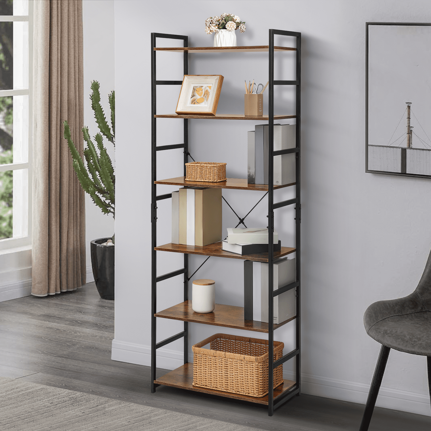 Rustic Brown 6-Shelf Industrial Bookcase with Metal Frame