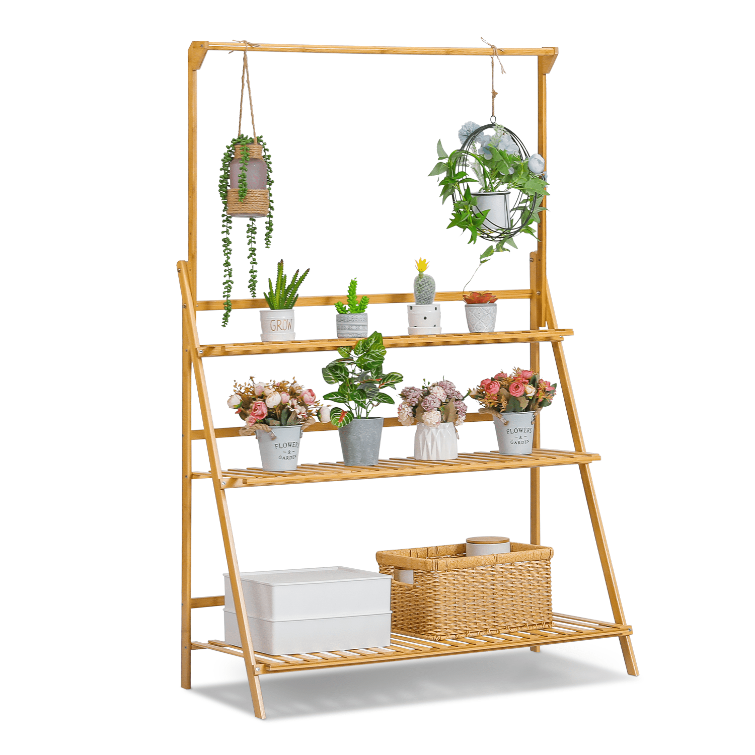 Natural Bamboo 3-Tier Plant Stand with Adjustable Hanging Rod