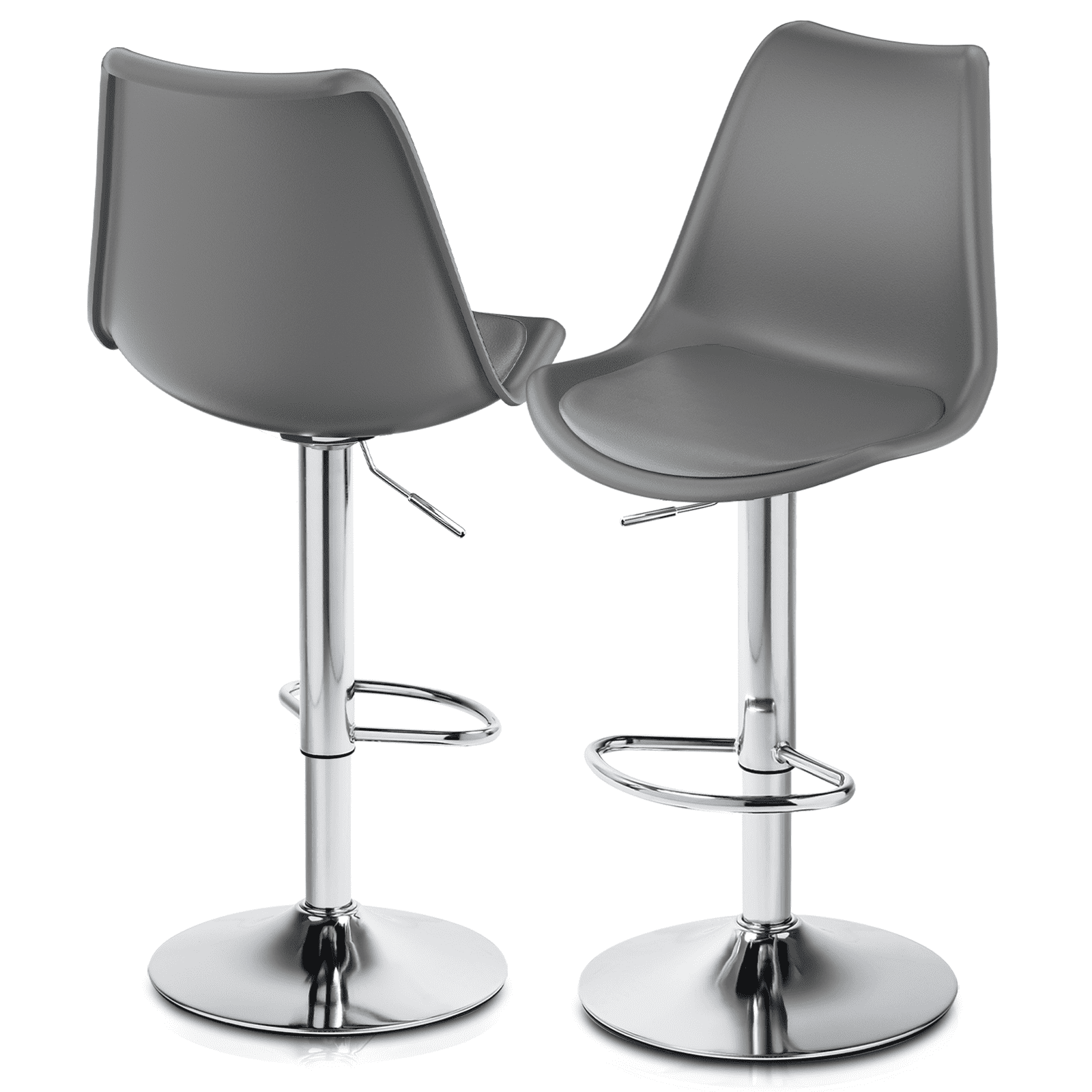 Adjustable Dark Grey Leather Swivel Bar Stools with High Back, Set of 2