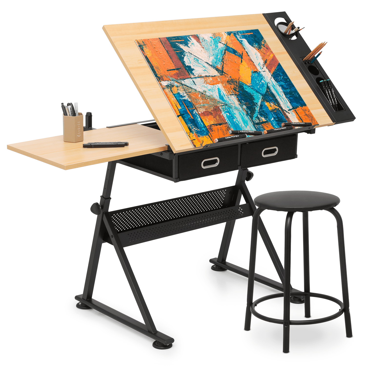 Natural Adjustable Drafting Table with Stool and Storage