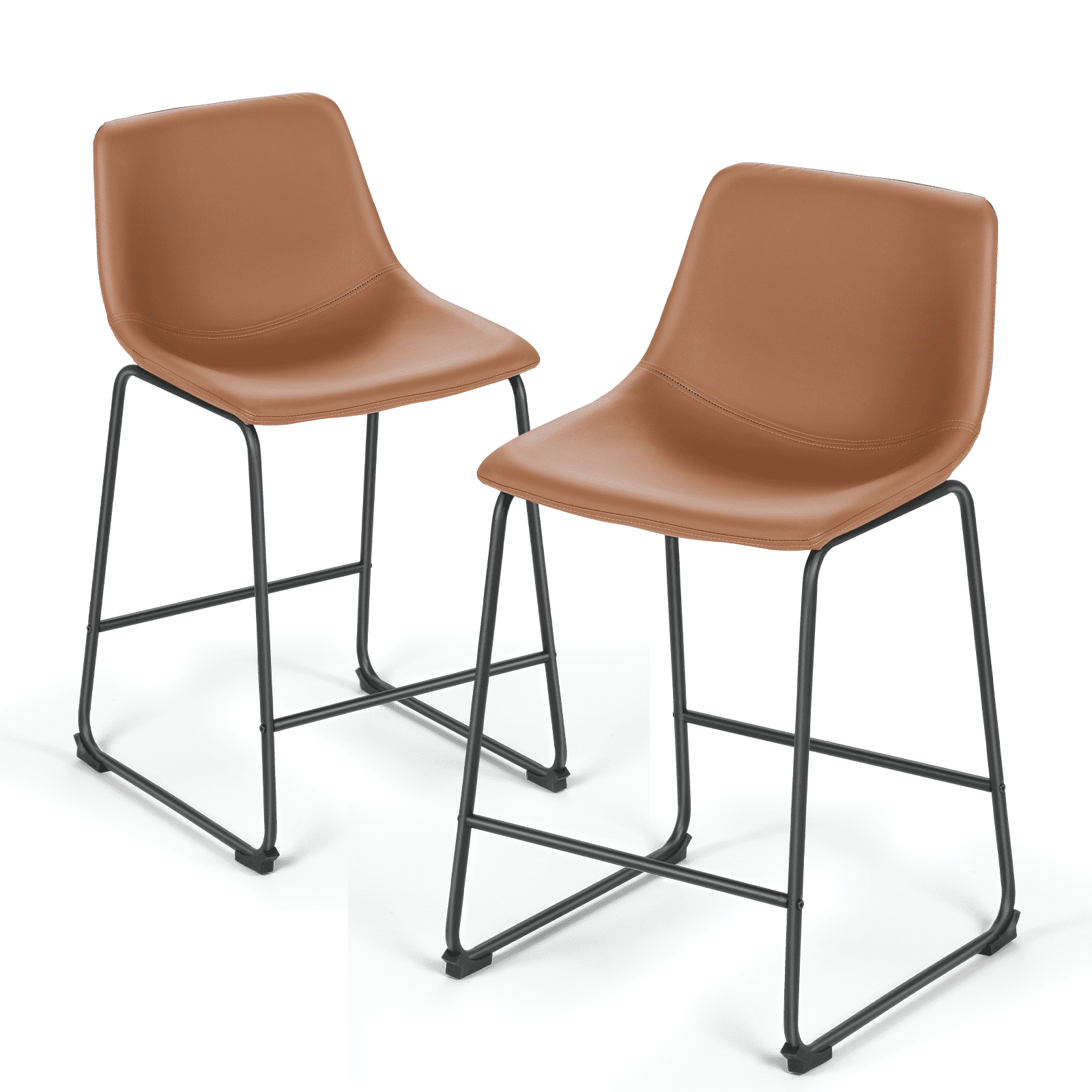 Brown PU Leather Modern Bucket Bar Stools with Metal Legs, Set of 2