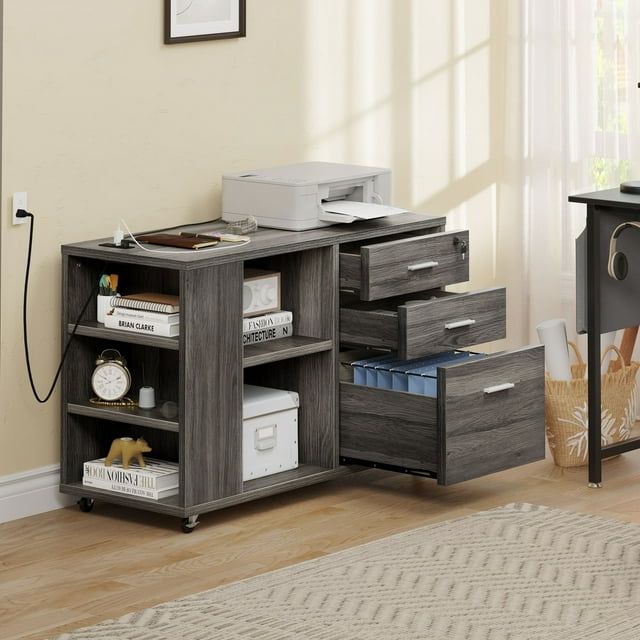 Grey Wood Mobile Lateral Filing Cabinet with Charging Station