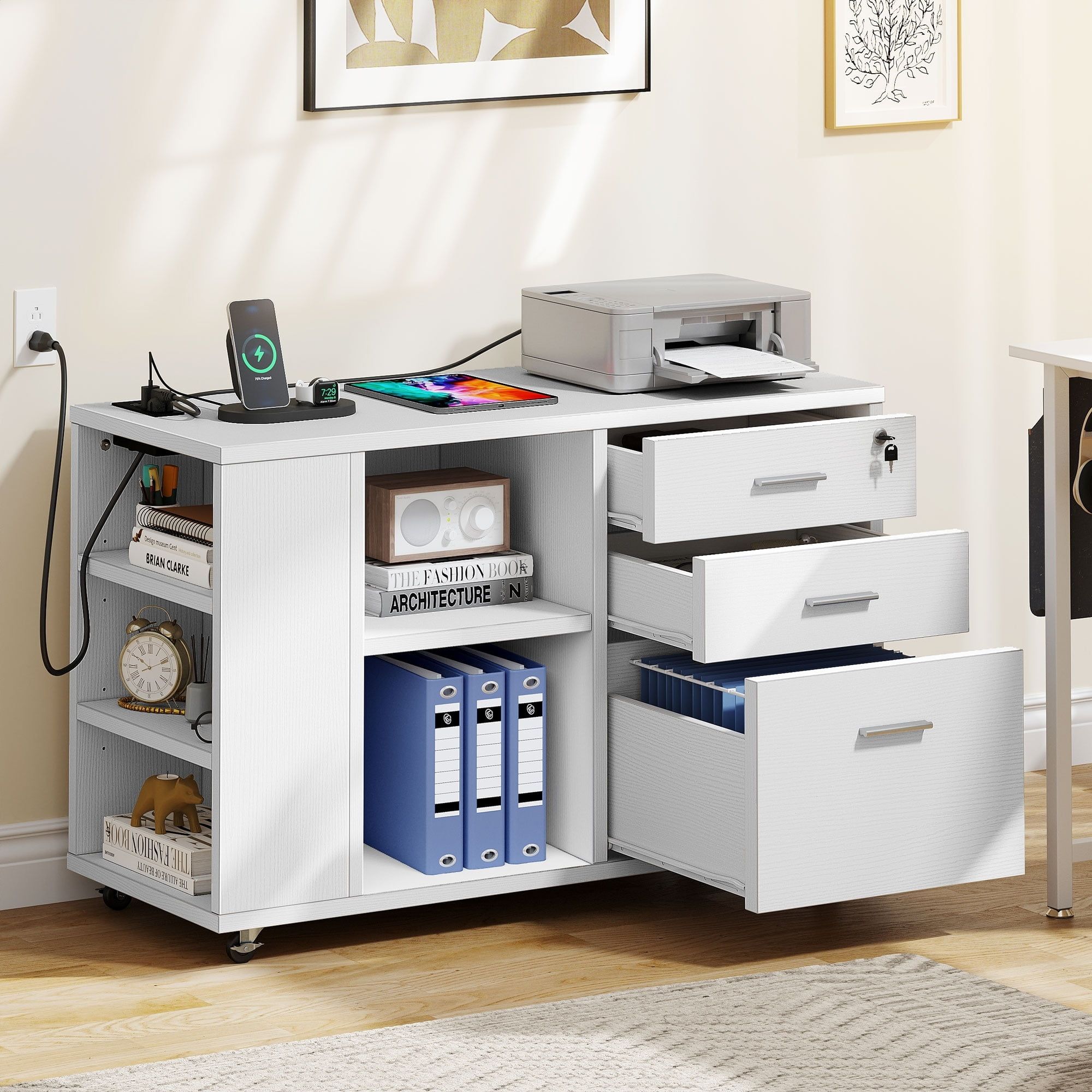 White Wood Mobile Lateral Filing Cabinet with Charging Station