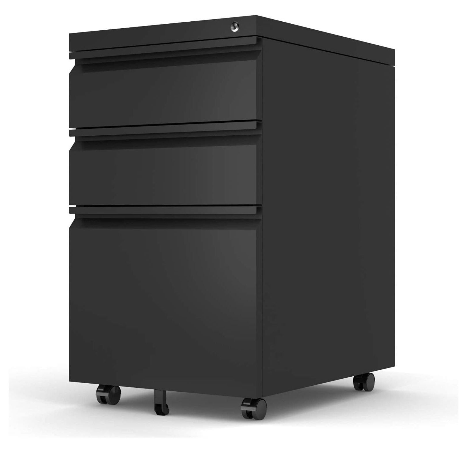 Black Mobile 3-Drawer Lockable Steel File Cabinet with Wheels