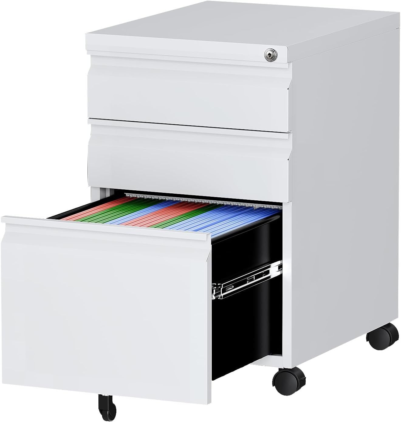 White Mobile 3-Drawer Lockable Filing Cabinet with Wheels