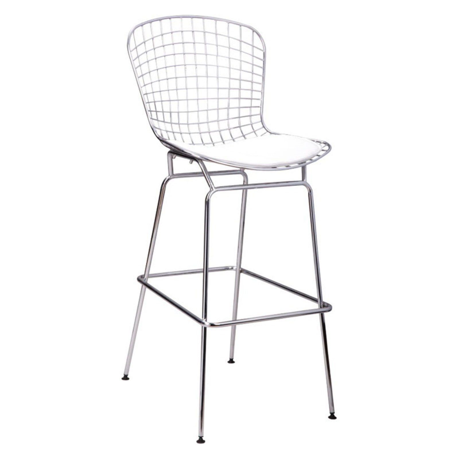 Contemporary Chrome Wire Barstool with White Leatherette Seat