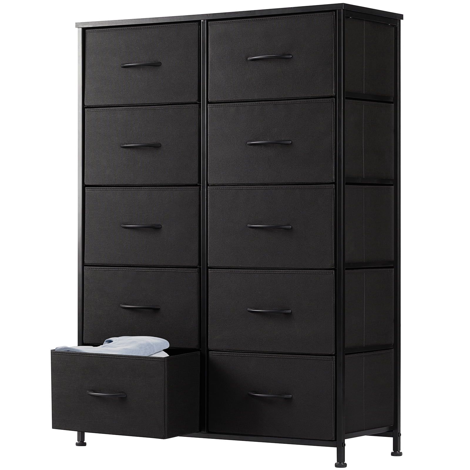 Black 10-Drawer Fabric Dresser with Wood Top and Steel Frame