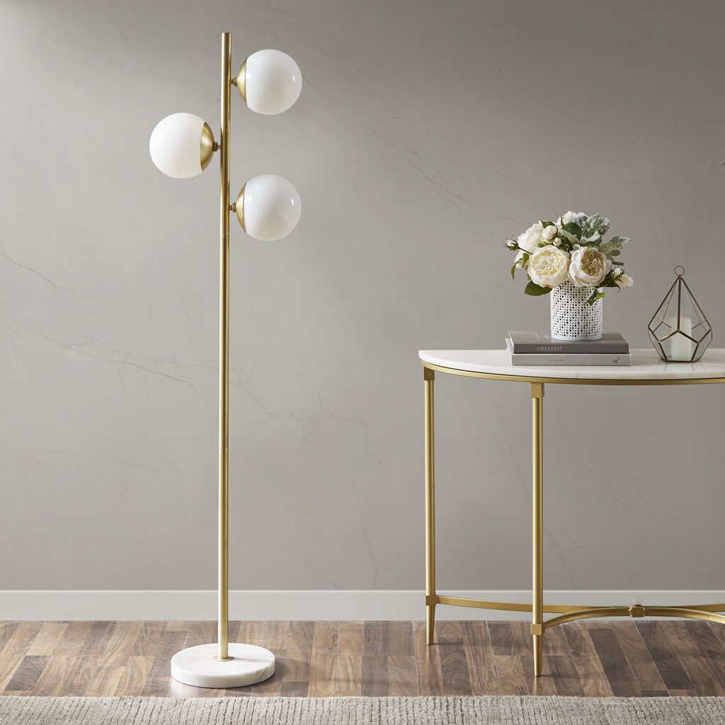 Holloway 62" White and Gold 3-Globe Marble Base Floor Lamp