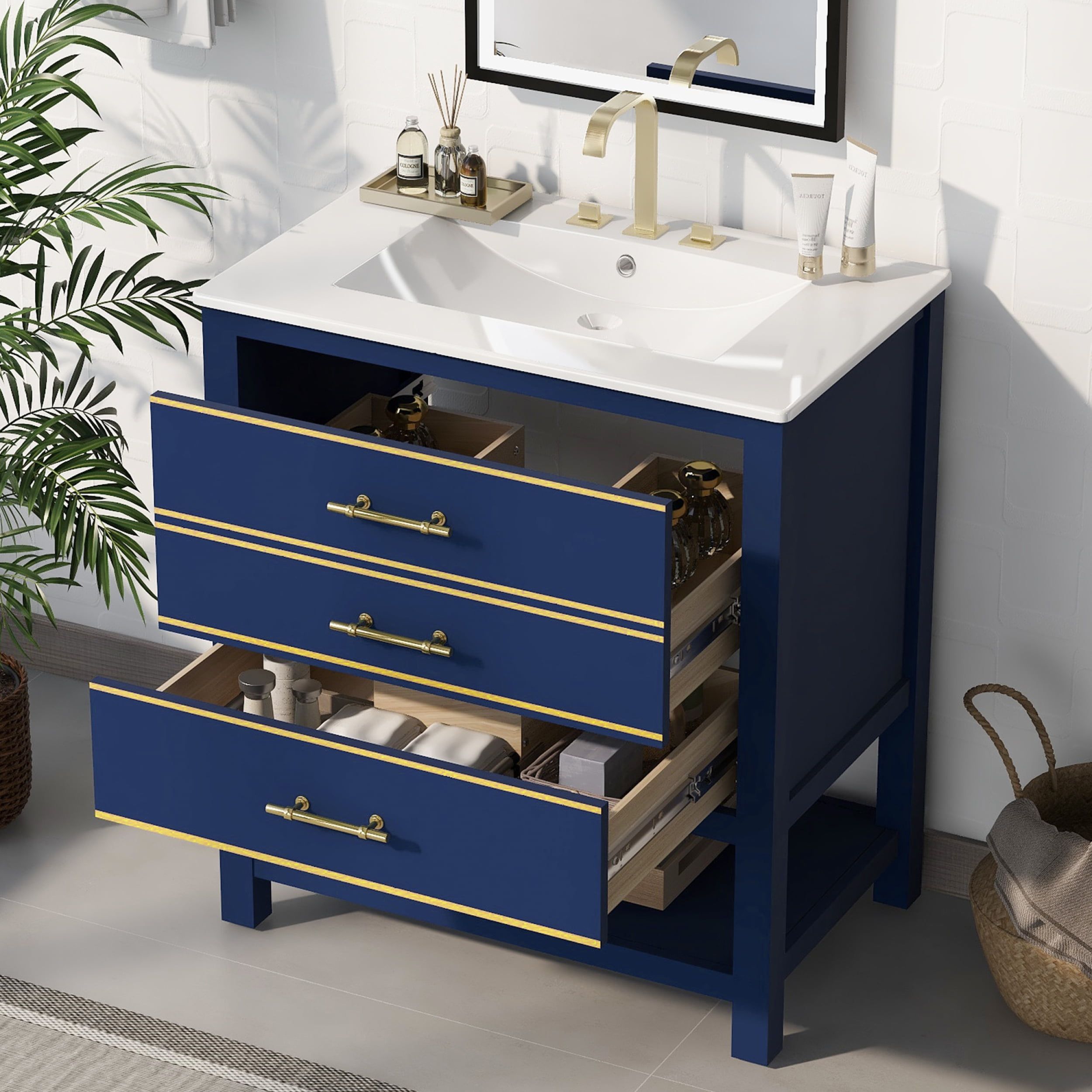 Modern Navy Blue and White Bathroom Vanity with Gold Accents