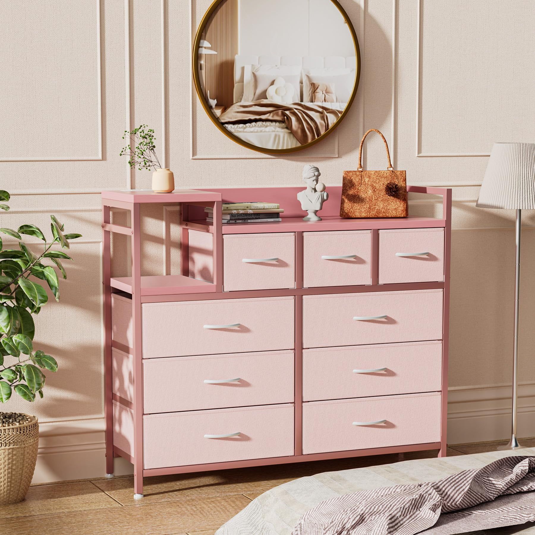 Pink Fabric and Steel 9-Drawer Dresser with Charging Station