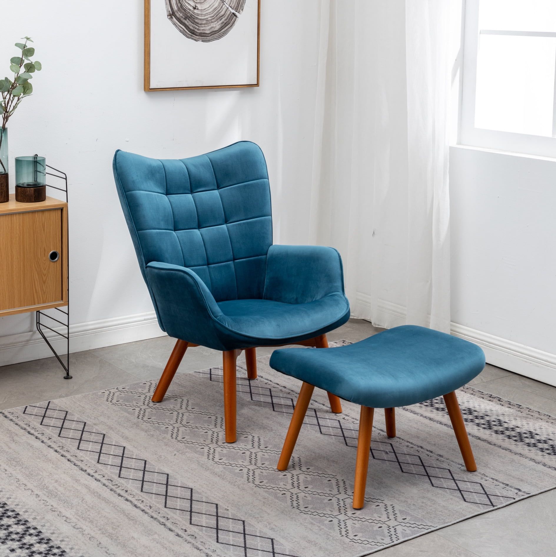 Mid-Century Silky Blue Velvet Accent Chair and Ottoman Set