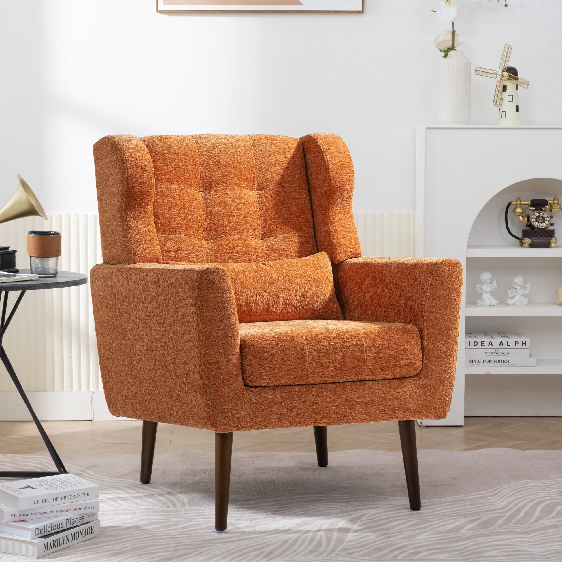 Orange Chenille Accent Chair with Solid Wood Legs