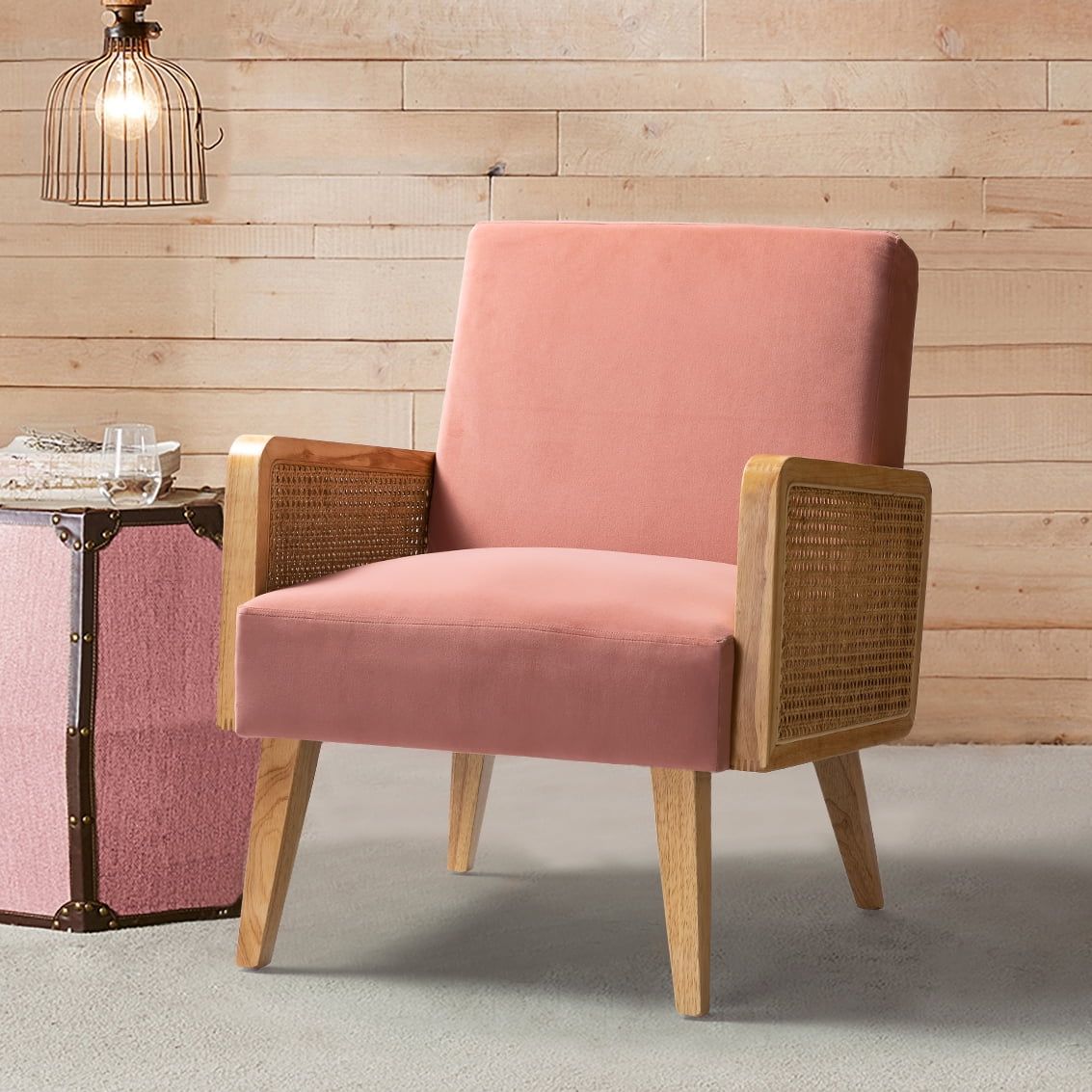 Bohemian Blush Velvet Handcrafted Accent Chair with Rattan Armrests