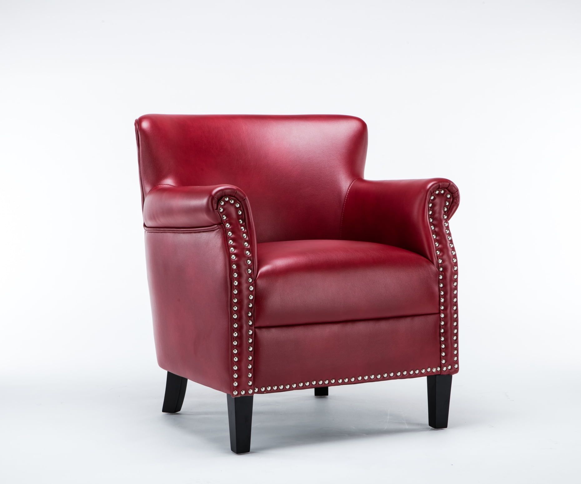 Traditional Red Leather Accent Chair with Wood Frame and Nailhead Trim