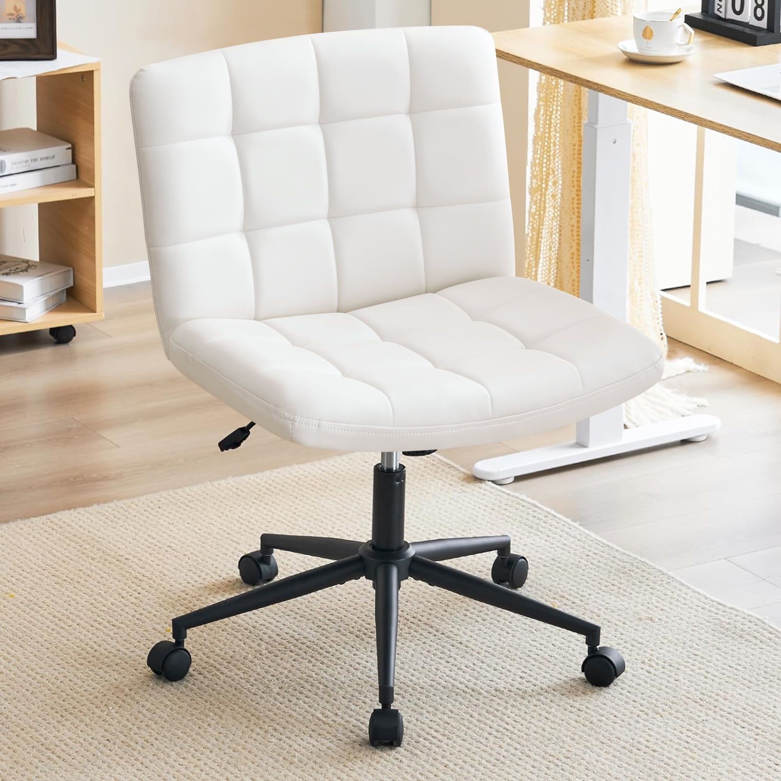 Ivory White PU Armless Swivel Task Chair with Metal Base