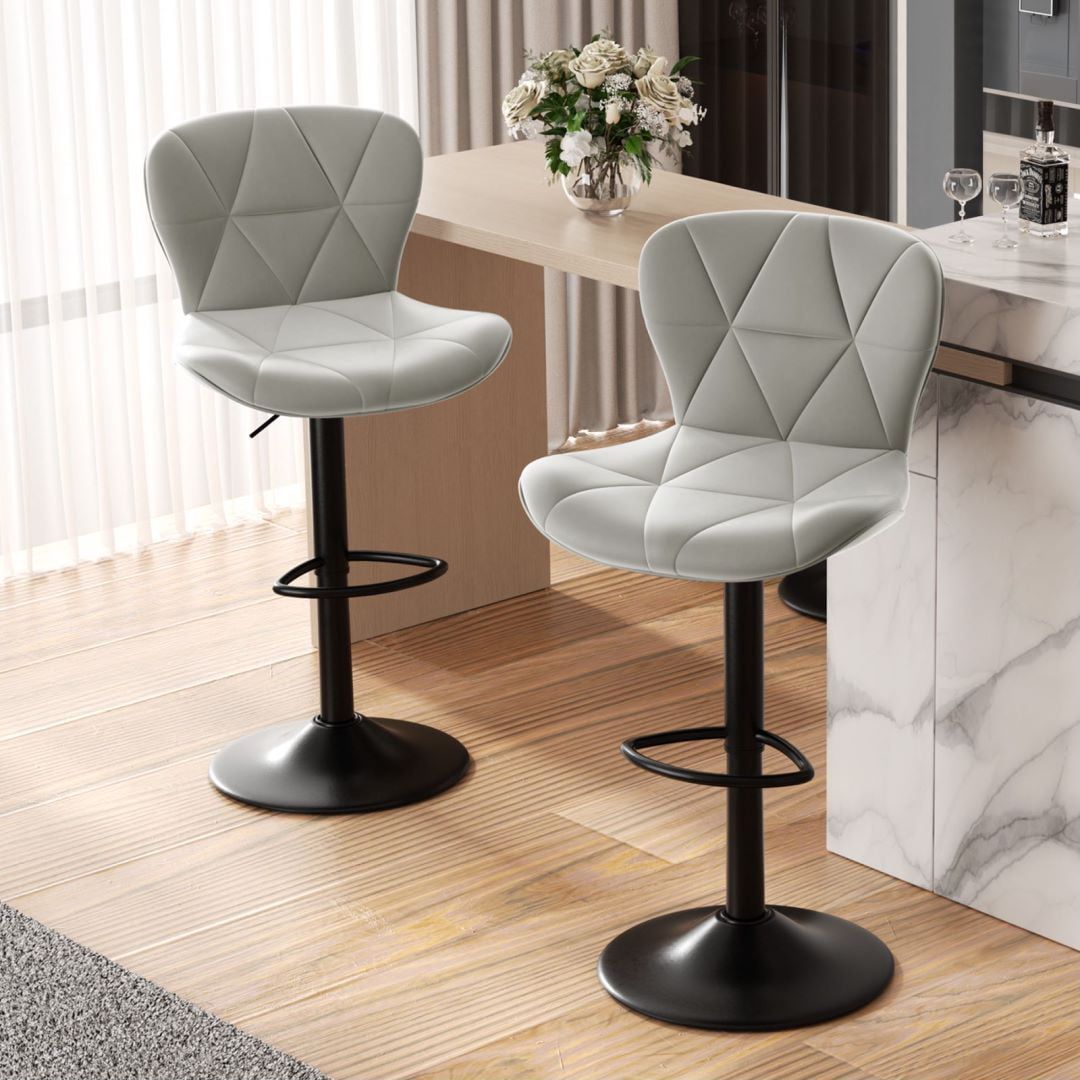 Light Gray Adjustable Faux Leather Swivel Bar Stools with Metal Base