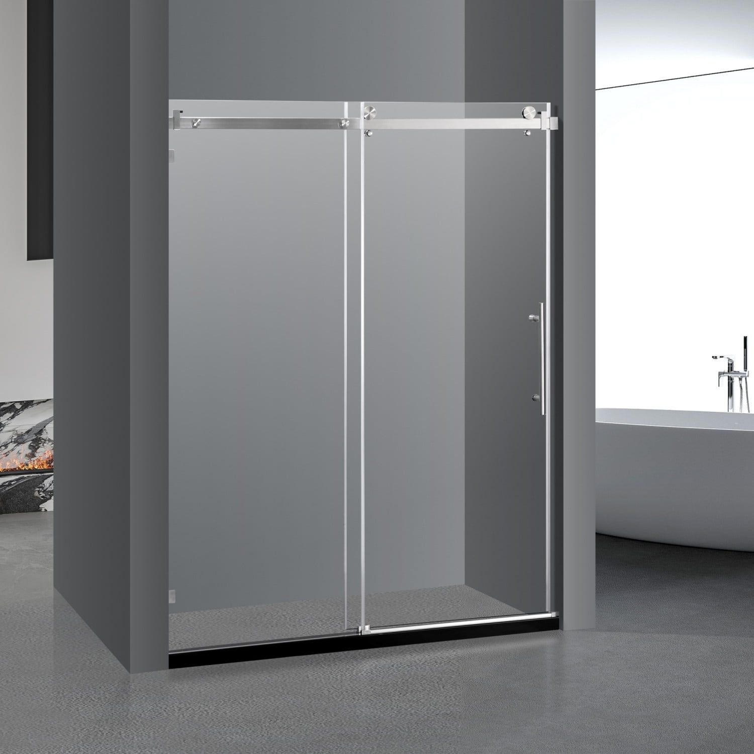 Frameless Clear Tempered Glass Sliding Shower Door with Brushed Nickel Finish