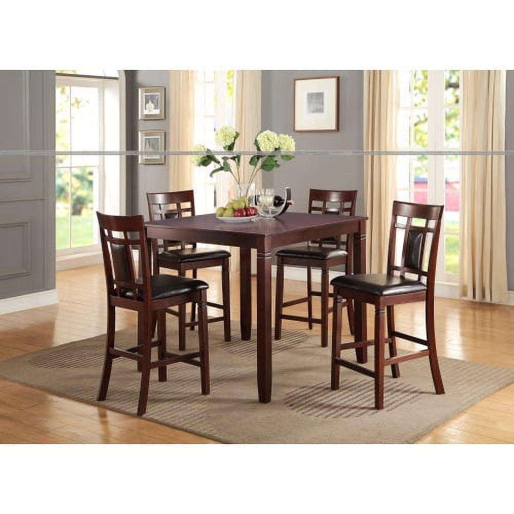 Cherry Wood Finish 5-Piece Counter Height Dining Set with Dark Brown Faux Leather Chairs