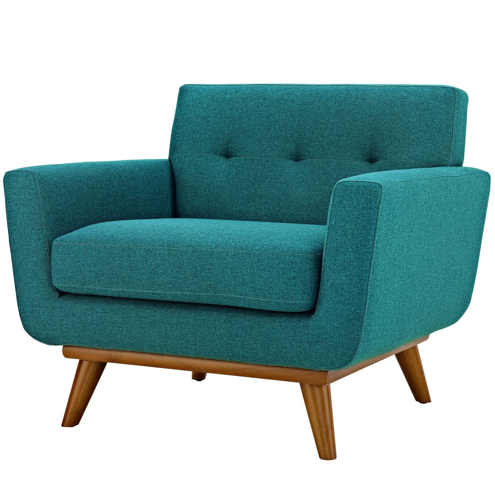 Teal Blue Plush Fabric Accent Armchair with Cherry Wood Legs