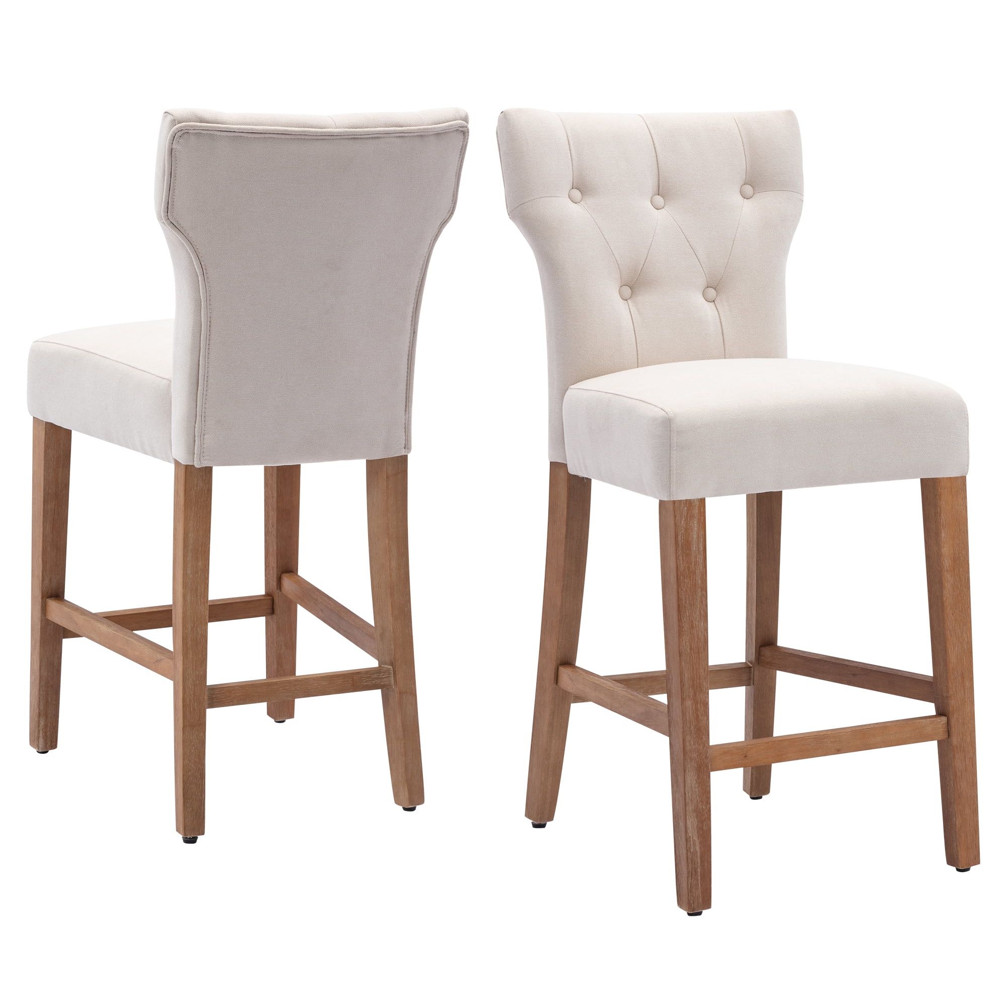 Beige Upholstered Wingback Counter Height Bar Stools, Set of 2