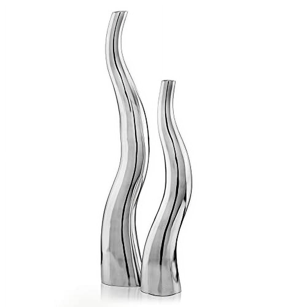 Polished Silver Aluminum Wavy Vases Set of 2 - Modern Home Decor