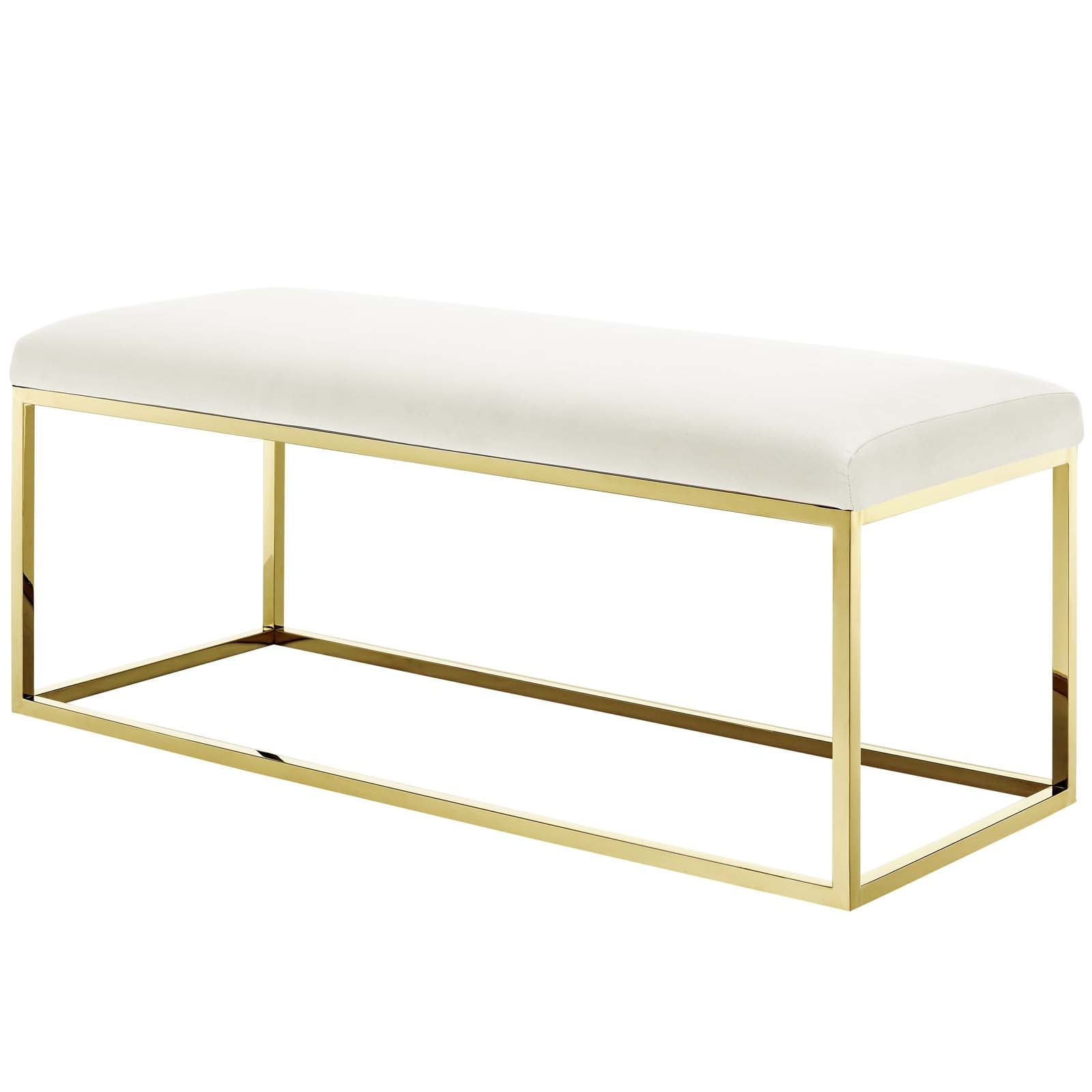 Gold Ivory Velvet Upholstered Bench with Stainless Steel Frame