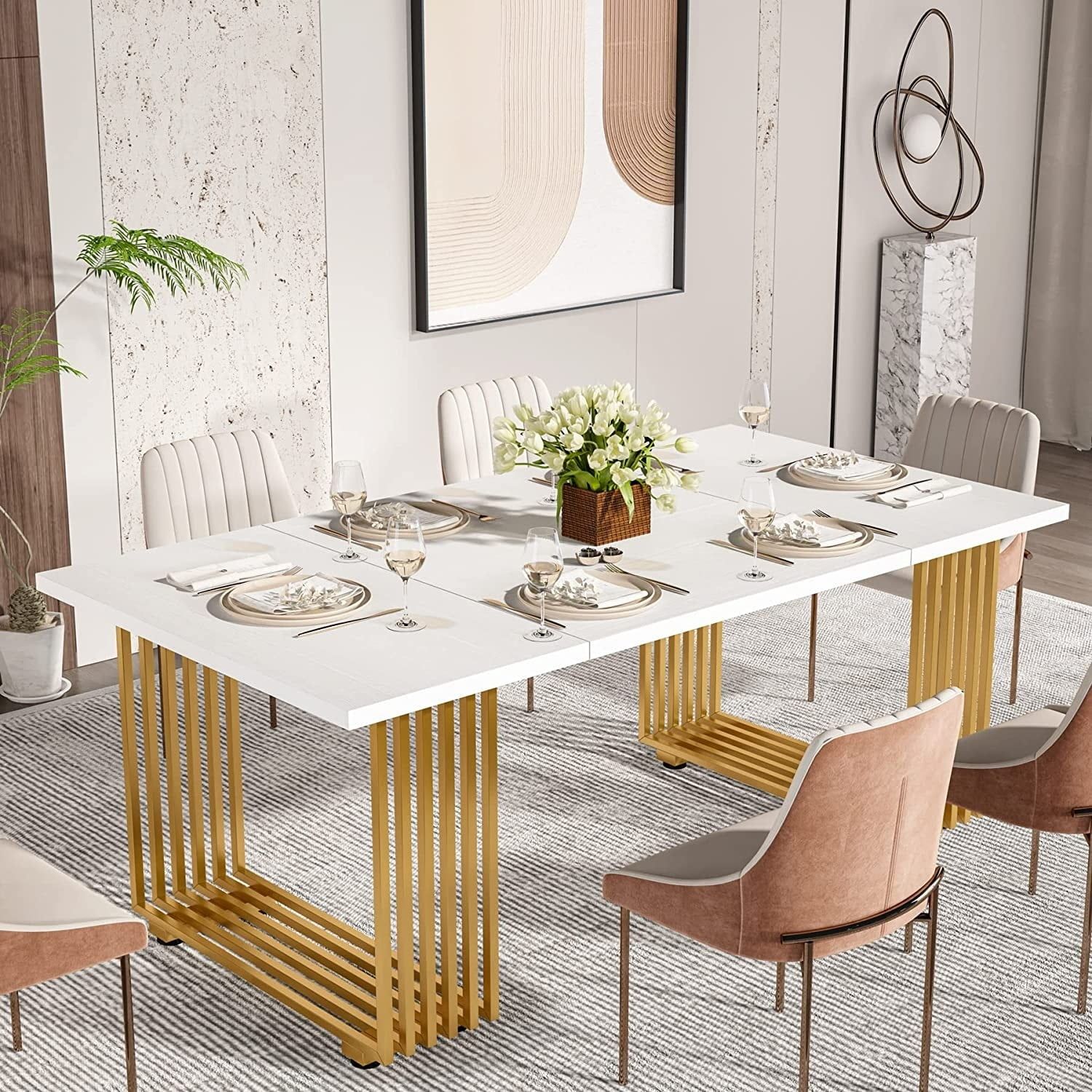 White and Gold 70.8 Inch Modern Dining Table for 6-8 People