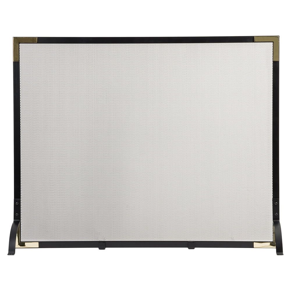 Black Mesh Single Panel Fireplace Screen with Brass Accents