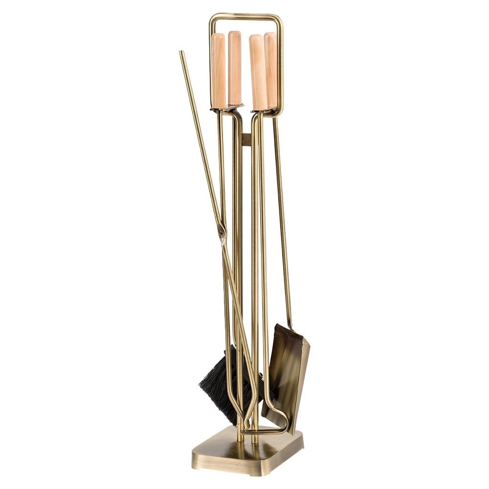 Modern Aged Brass and Maple 5-Piece Fireplace Tool Set