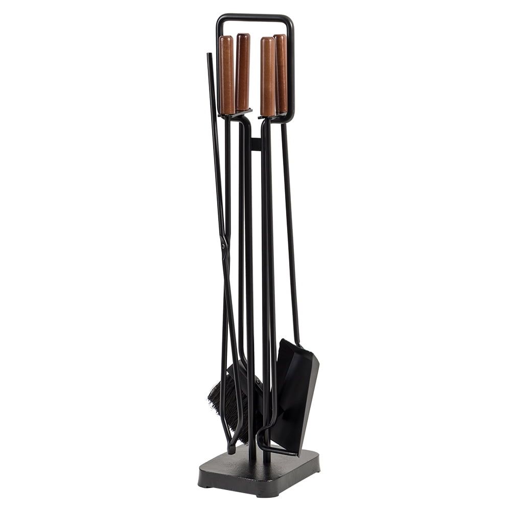 Modern Black Steel 5-Piece Fireplace Tool Set with Maple Handles