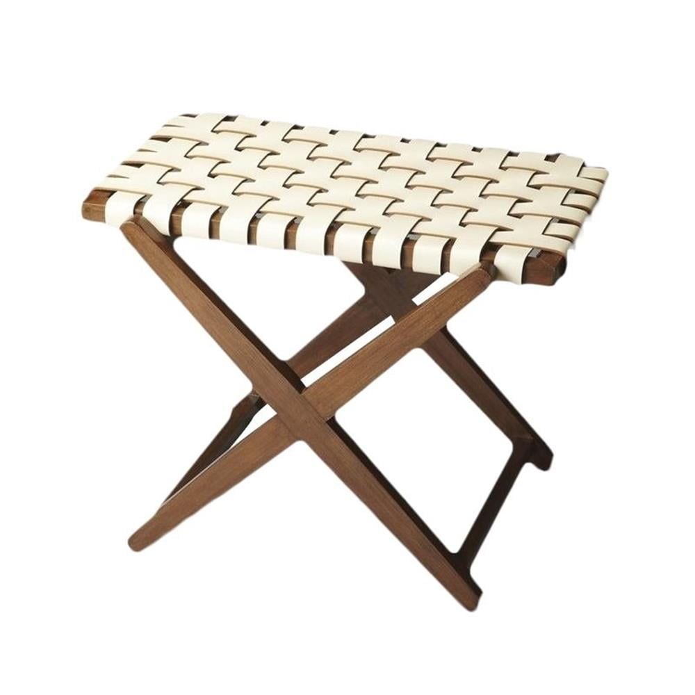 White Leather and Birch Wood Folding Luggage Rack