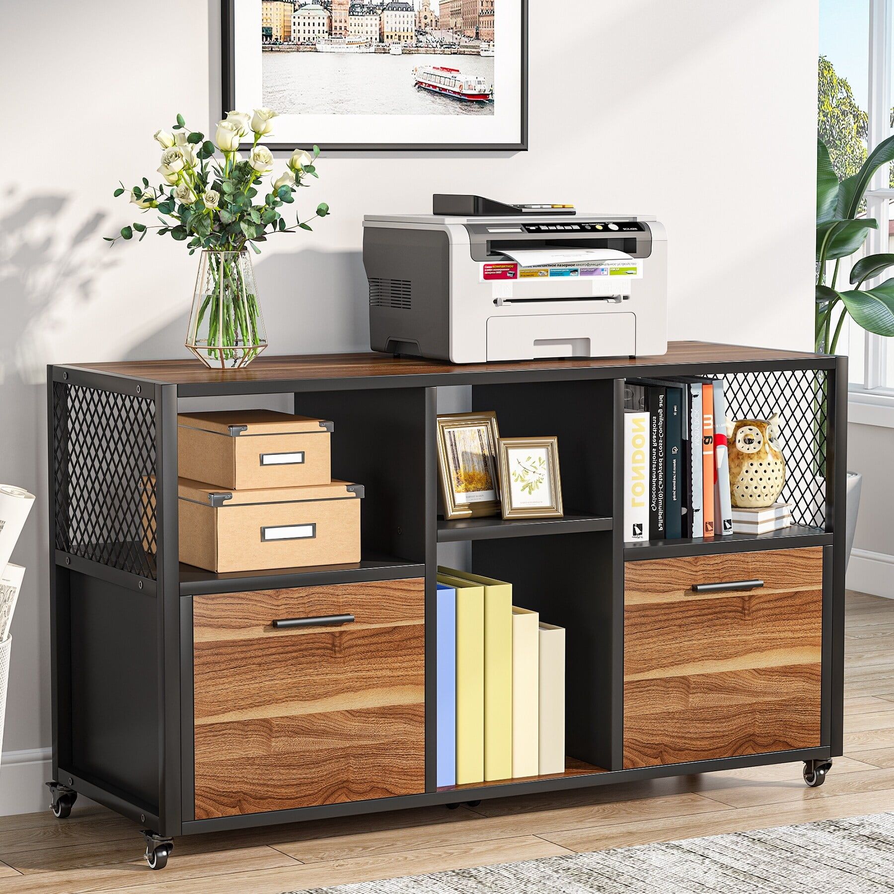 Rustic Brown Mobile Lateral 2 Drawer Lockable File Cabinet